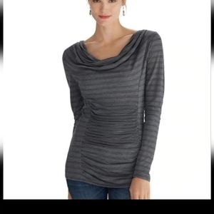 WHBM long sleeve gray black silver stripes lightweight ruching draped neckline M